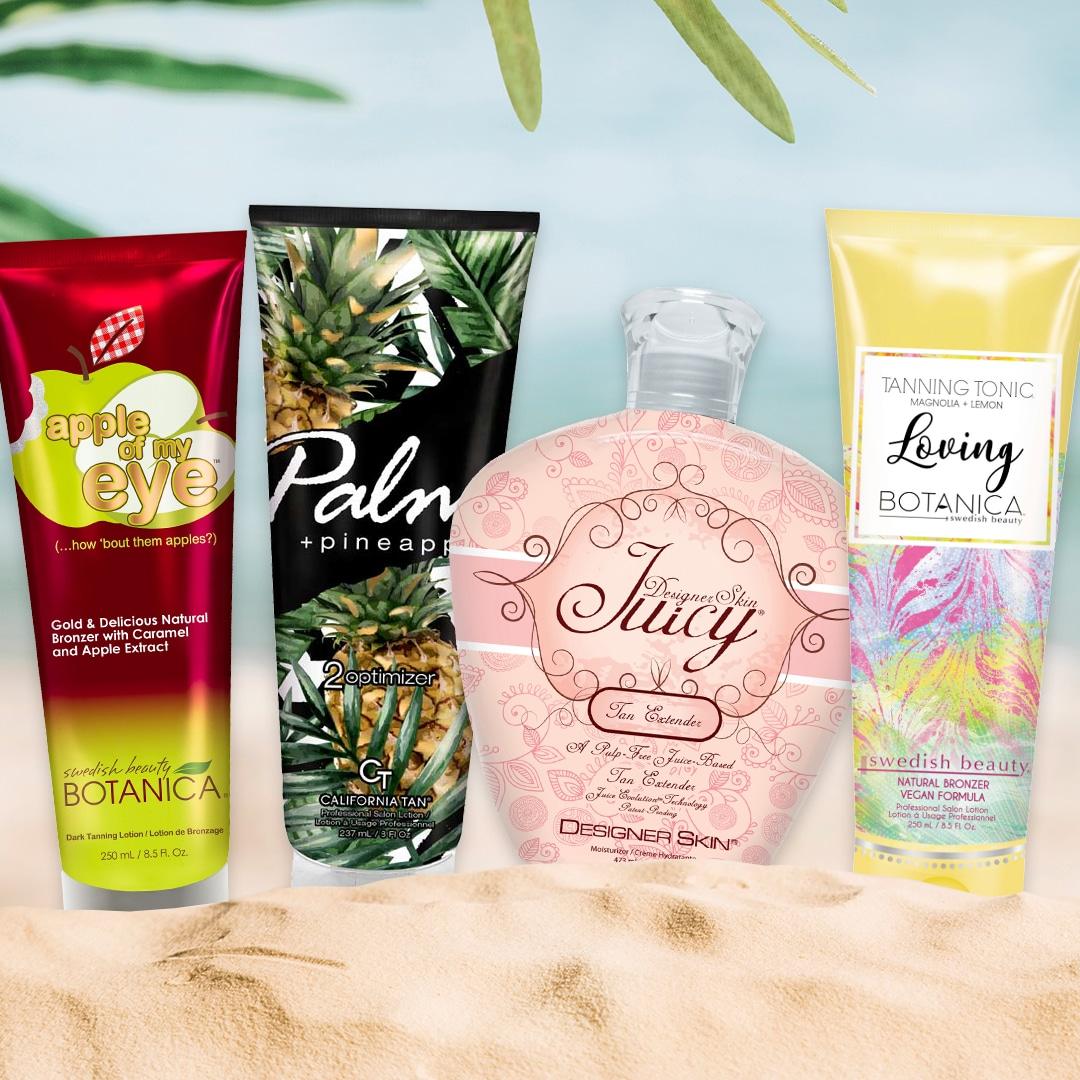 Botanica Apple of My Eye California Tan Palm Pineapple Designer Skin Juicy and Loving Botanica tanning lotion range on beach
