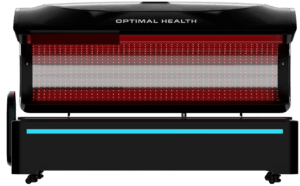 Lumired Regen red light therapy device with multiple red LED panels and a blue accent light strip, branded Optimal Health