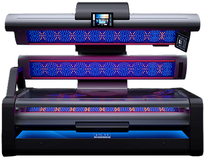 MegaSun K11 Air lay-down tanning sunbed with blue and red UV lamps at The Tanning Shop