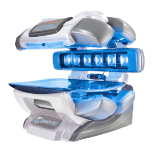 Matrix L28 Matrix L28 professional tanning bed with blue LED light panels and ergonomic tanning canopy.