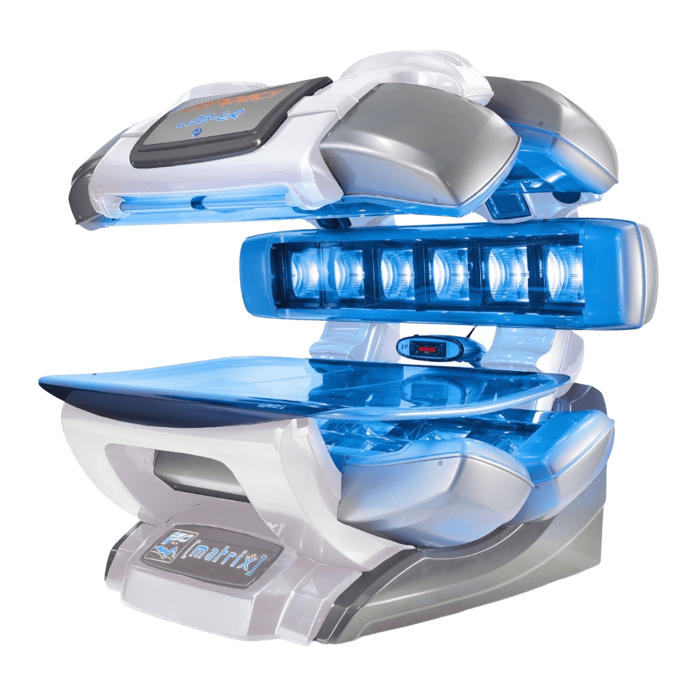 Matrix L28 professional tanning bed with blue LED light panels and ergonomic tanning canopy.