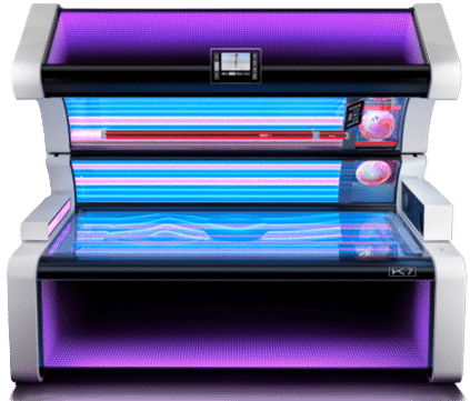 MegaSun K7S lay-down tanning sunbed with purple and blue UV lamps at The Tanning Shop