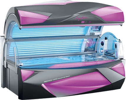 Ergoline Prestige 1400 Premium Lay-Down Tanning Bed with UV Lamps and Red Accent Lighting – Professional Sunbed at The Tanning Shop UK