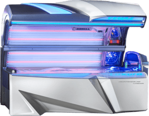 Hapro Vegaz 8200 tanning bed with open lid and blue and pink UV tube lighting