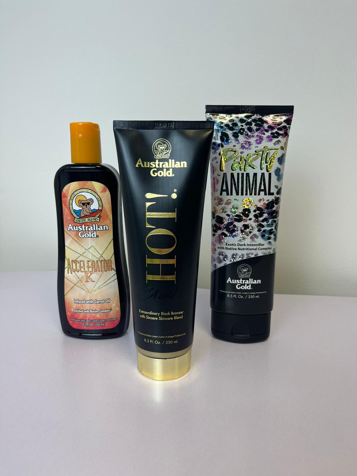 Australian Gold Accelerator HOT and Party Animal tanning lotion products at The Tanning Shop UK