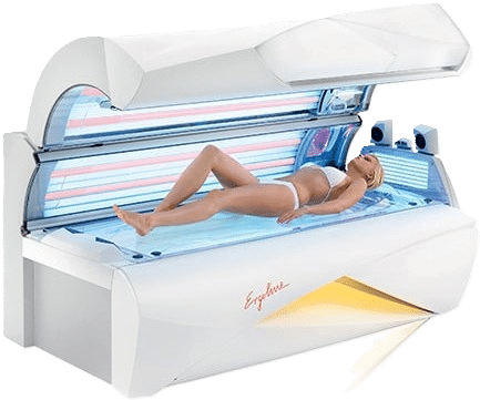 Ergoline Hybrid lay-down tanning sunbed with woman tanning at The Tanning Shop UK