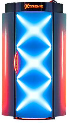 iXtreme standing tanning booth with blue LED lights at The Tanning Shop UK