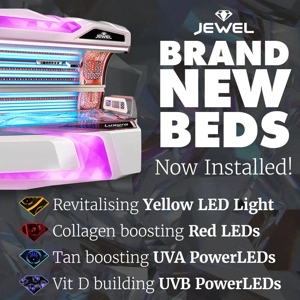 Luxura Jewel brand new tanning beds now installed with yellow LED red LED UVA UVB PowerLEDs at The Tanning Shop