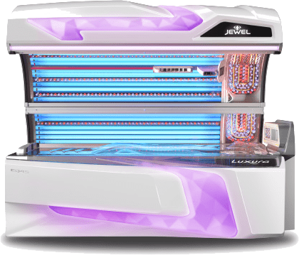 Luxura Jewel Premium Lay-Down Tanning Bed with UV Lamps and Coloured LED Lighting – Professional Sunbed at The Tanning Shop UK