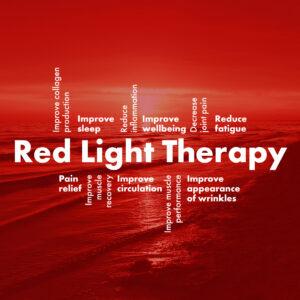 Red light therapy benefits square graphic - improve sleep, reduce inflammation, improve collagen, reduce fatigue, pain relief at The Tanning Shop UK