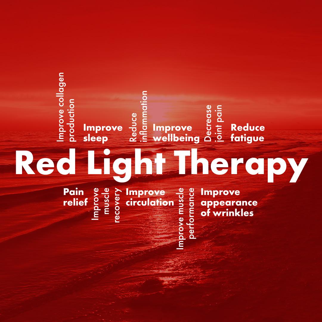 Red light therapy benefits square graphic - improve sleep, reduce inflammation, improve collagen, reduce fatigue, pain relief at The Tanning Shop UK