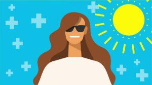Illustrated woman in sunglasses smiling in sunshine representing the power of UV tanning at The Tanning Shop