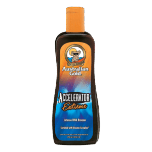 Australian Gold Accelerator Extreme tanning lotion with intense DHA bronzer and Biosine Complex, 250ml salon tanning accelerator bottle.