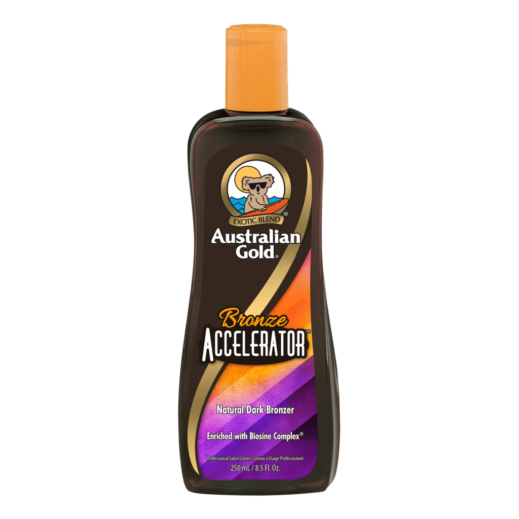 Australian Gold Bronze Accelerator tanning lotion with natural dark bronzer and Biosine Complex, 250ml salon tanning accelerator bottle.