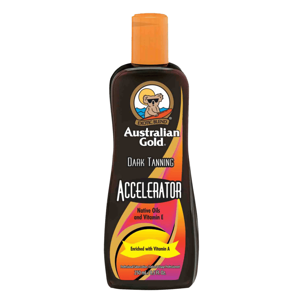 Australian Gold Dark Tanning Accelerator tanning lotion with native oils, vitamin E and vitamin A, 250ml salon tanning bottle.