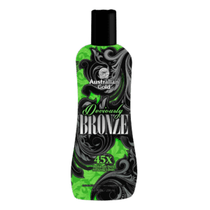 Australian Gold Deviously Bronze tanning lotion with 45X ruthlessly dark bronzing formula, 250ml salon tanning bottle.