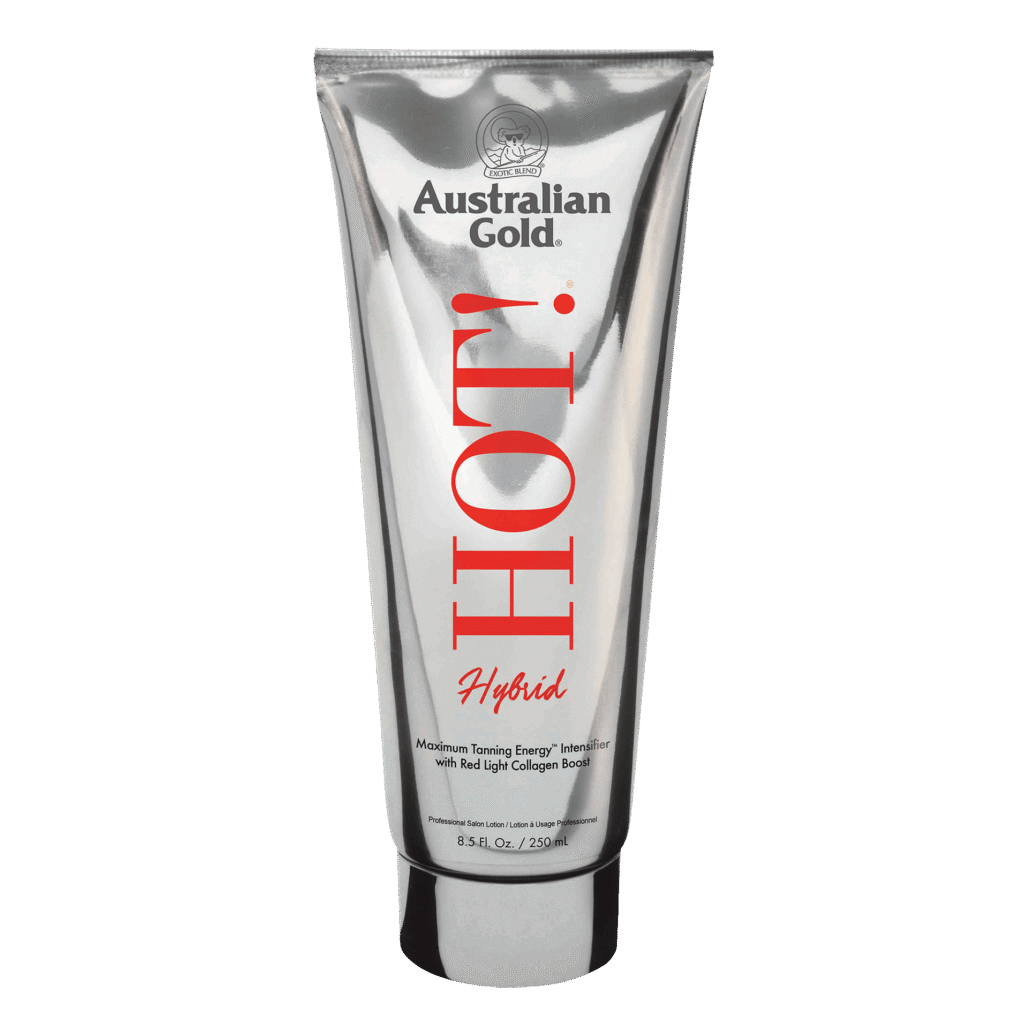 Australian Gold Hot! Hybrid tanning intensifier with maximum tanning energy and red light collagen boost, 250ml tube.