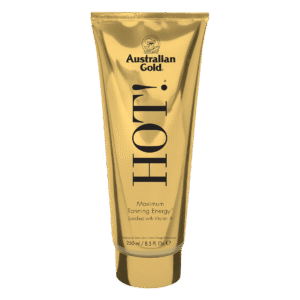 Australian Gold Hot! maximum tanning energy accelerator lotion enriched with vitamin A, 250ml tube.