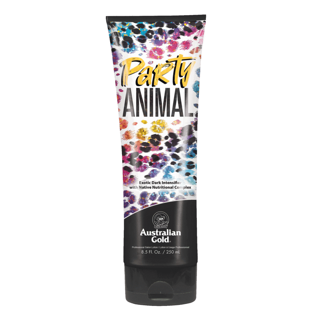 Party Animal Product Australian Gold Party Animal exotic dark intensifier tanning lotion with native nutritional complex, 250ml tube.