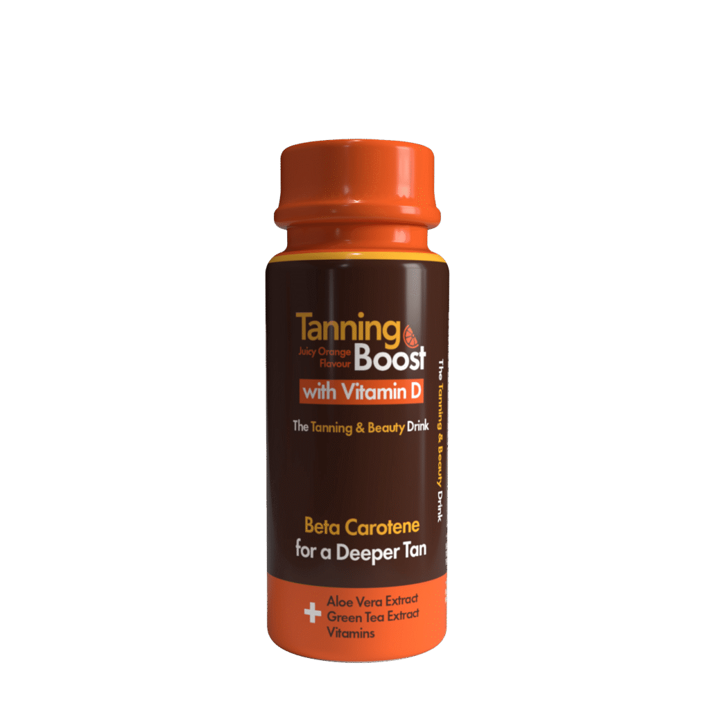 Tanning Boost juicy orange flavour tanning and beauty drink with vitamin D and beta carotene for a deeper tan.