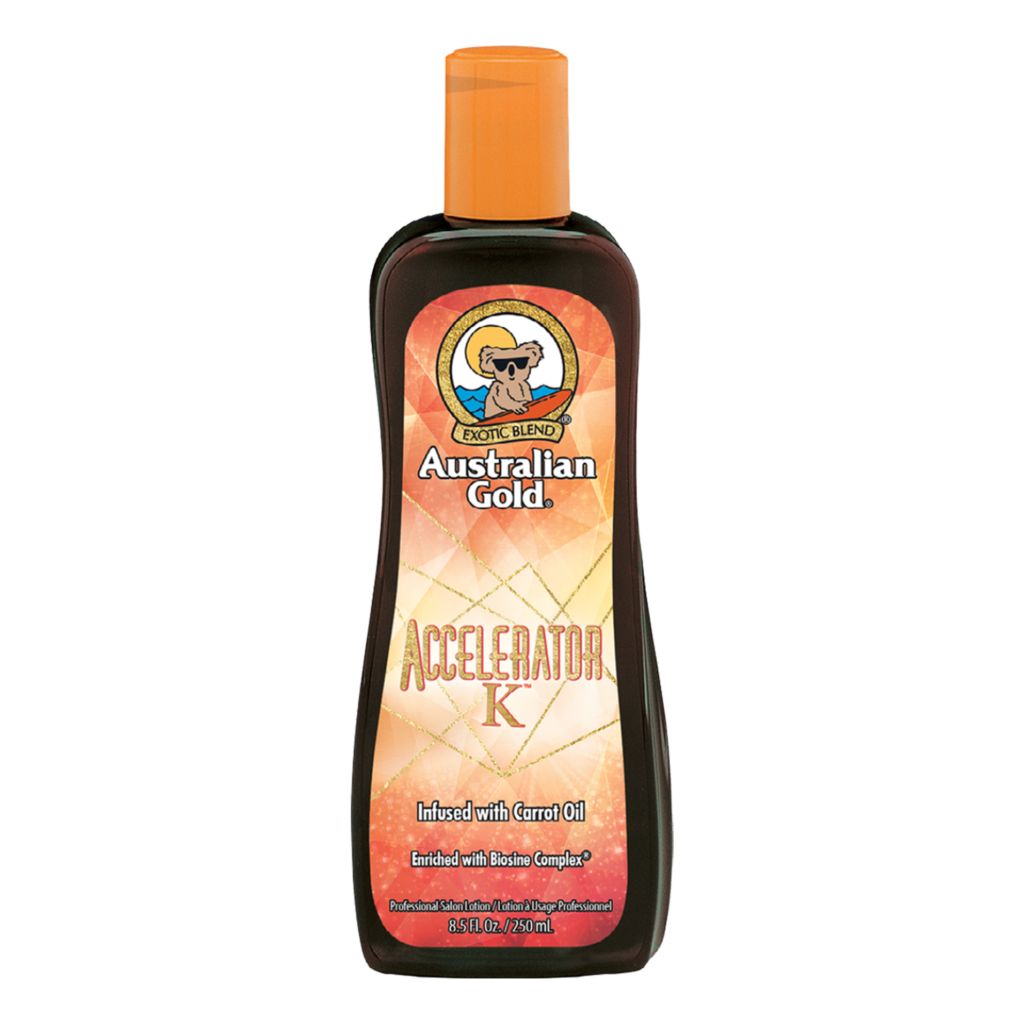 Australian Gold Accelerator K professional tanning lotion with carrot oil and Biosine Complex, available at The Tanning Shop UK