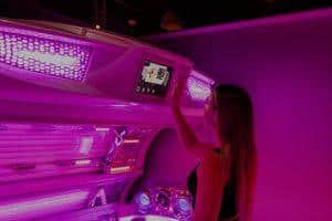 Interior of modern red light therapy tanning bed