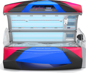 Ergoline Prestige Fusion Spectra tanning bed with lid open showing blue UV tubes, red and blue exterior and Ergoline branding on the canopy