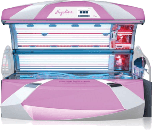 Ergoline Prestige Lightvision tanning bed with lid open showing pink and blue UV tubes, pink and white exterior and Ergoline branding on the canopy