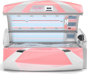 Ergoline Prestige Lightvision Spectra tanning bed with lid open showing pink and blue UV tubes, pink and white exterior and Ergoline branding on the canopy