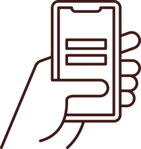 Dark brown line-art icon of a hand holding a smartphone representing The Tanning Shop Refer A Friend referral step