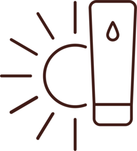 Dark brown line-art icon of a sun with rays next to a tanning lotion tube representing The Tanning Shop Refer A Friend benefit