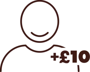 Dark brown line-art icon of a person silhouette with plus £10 text representing The Tanning Shop Refer A Friend cash reward