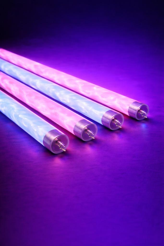 Close-up of pink and blue UV tanning lamp tubes glowing