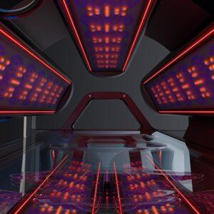 Interior view of a K11 sunbed showing orange LED panels and red neon accent lighting